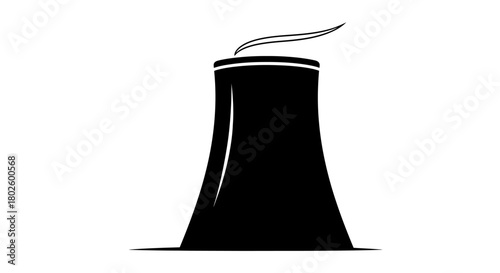 Black and white illustration of a cooling tower with smoke rising from the top, representing energy.
