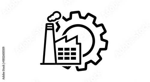 Industrial factory with a smokestack and a large gear icon representing manufacturing.