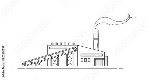 A line art illustration of an industrial factory building with a smoking chimney and a conveyor belt system.