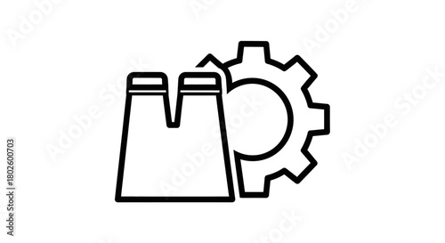 A simple line icon of a factory with two smokestacks next to a large mechanical gear.