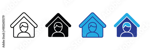 Home isolation icon set with different styles: outline, solid black, and two shades of blue, depicting a person inside a house silhouette