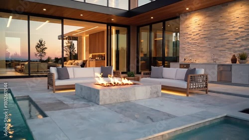 Modern exterior with pool and fire pit at dusk luxury home design with glass walls