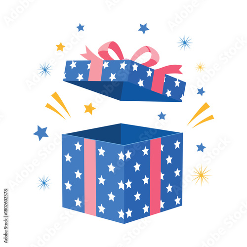 Open blue gift box with white stars and pink ribbon