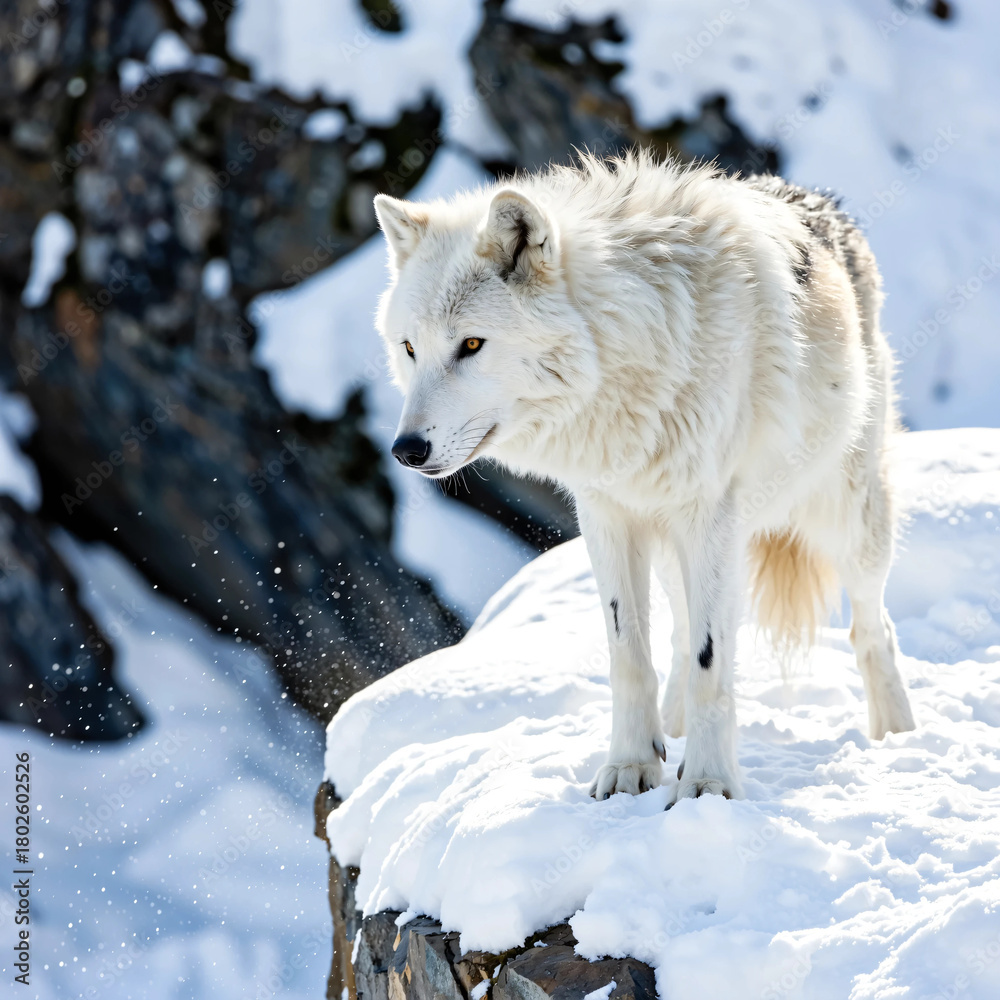 Fototapeta premium White Wolf Standing on Snowy Rocks in Bright Winter Light