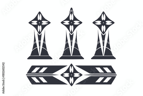 Unique emblem featuring three stylized crowns above a decorative banner evokes an insignia