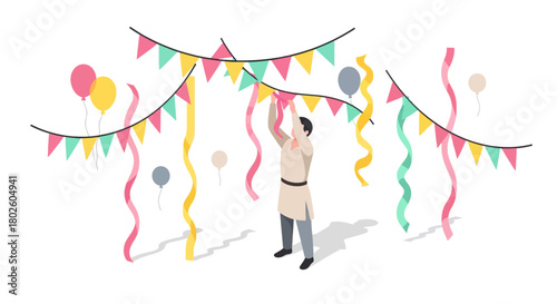 Festive celebration with colorful banners, balloons, and streamers in isometric style
