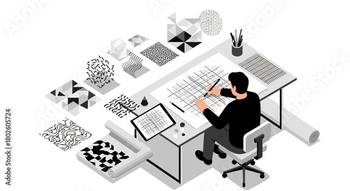 Designer creating geometric patterns in isometric workspace with tablet and sketch tools