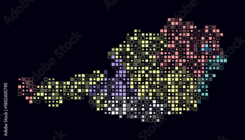 Austria, shape of the country build of colored cells. Digital style map of the Austria on dark background. Small size square blocks. Vibrant vector illustration.