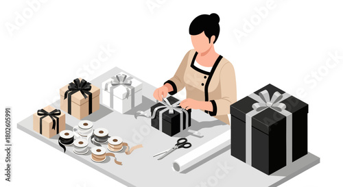 Isometric gift wrapping scene with woman at workstation and wrapped presents