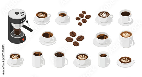 Coffee maker and various cups of latte art in isometric style