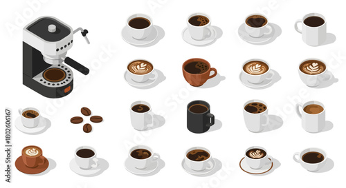 Isometric coffee collection with espresso machine and various cups of coffee