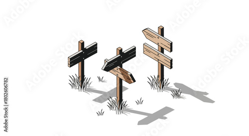 Isometric wooden signposts on grass with shadows