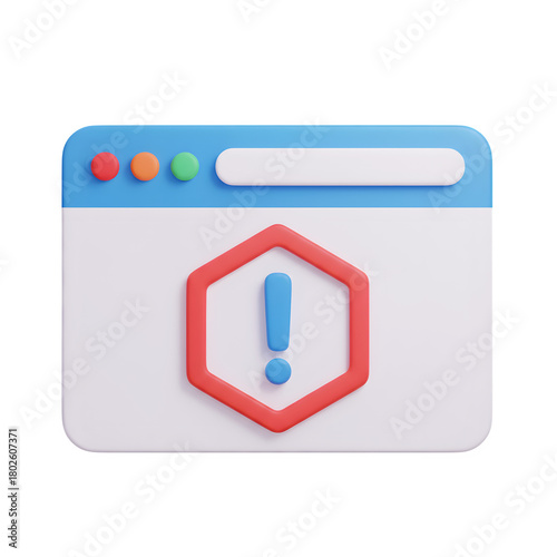 Browser window with warning sign 3d icon for an error alert. isolated on transparent background