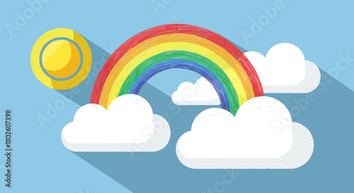 Colorful rainbow and sun with fluffy clouds on a sunny day in pastel crayon style
