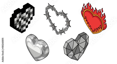 Unique heart designs: pixel, barbed wire, flaming, metallic, geometric styles