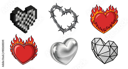 Creative heart designs: pixels, barbed wire, flames, chrome, and geometric styles