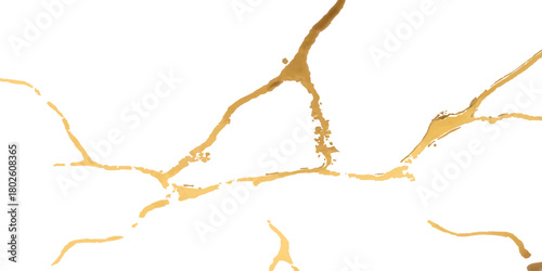 Elegant gold kintsugi crack pattern on white background abstract texture.