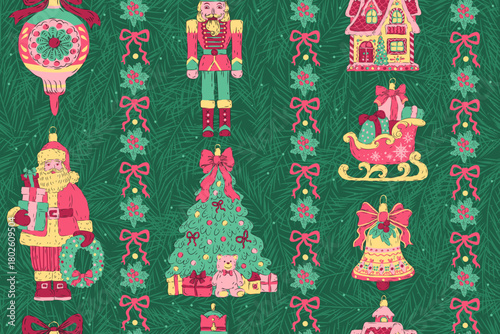 Seamless Christmas pattern. Striped design with Christmas tree, sleigh, bell, bauble, Santa Claus, nutcracker, gingerbread house, snowman, holly berries on dark green. Vintage Christmas ornaments.