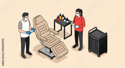 Tattoo studio scene with artists preparing station in isometric style