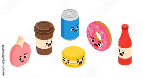 Isometric food characters expressing emotions in playful style