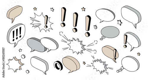 Collection of isometric speech and thought bubbles with exclamation marks and stars