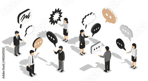 Isometric business people communicating with speech bubbles