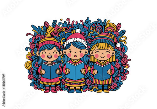 Three children singing carols in colorful outfits with flowers  