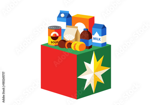 Holiday food donation box filled with canned goods and beverages  