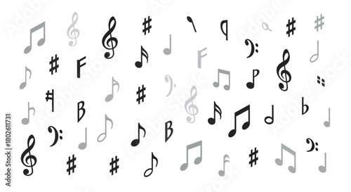 Dynamic music note pattern with diverse clefs and sharps in black and grey