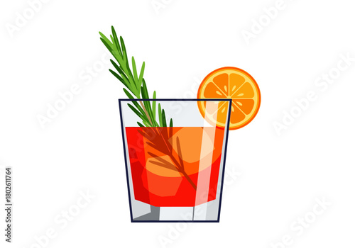 Colorful cocktail with rosemary and orange slice in glass  