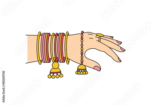 Colorful bangles and ornate bracelet on female hand  