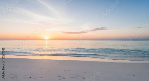 Fototapeta Naklejka Na Ścianę i Meble -  Aesthetic minimalist beachside scene, soft sunlight, clean white sand