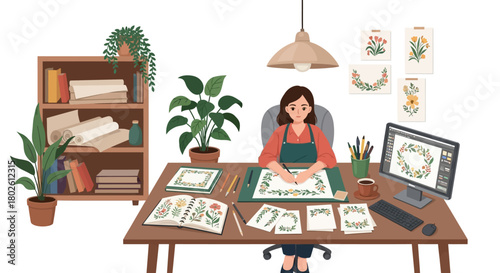 Cozy home office with female artist creating floral designs in a minimalistic workspace