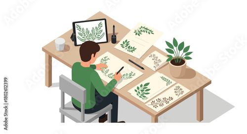 Isometric artist creating botanical designs at desk with modern tools