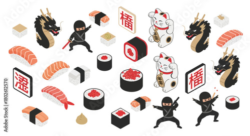 Isometric japanese culture elements with sushi, ninjas, dragons, and maneki neko