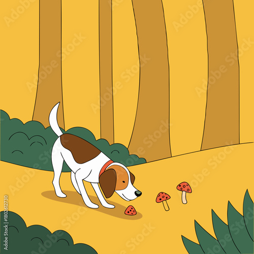 Dog sniffing mushrooms in vibrant forest setting  