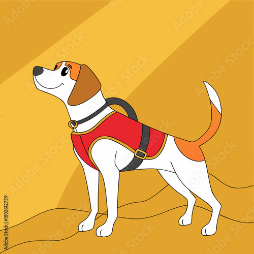 Cartoon beagle dog wearing a red harness standing against yellow background  