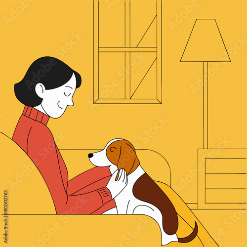 Woman sitting on sofa with dog in cozy indoor living room  