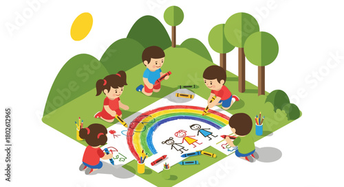 Children drawing a rainbow in a park scene with crayons and paper