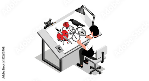 Tattoo artist designing detailed sketches at drawing desk in isometric style