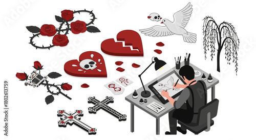 Tattoo artist creating gothic design with roses and skulls in isometric style