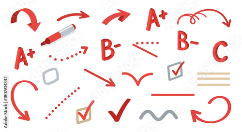 Red grading symbols and arrows in 3d style for academic and design projects