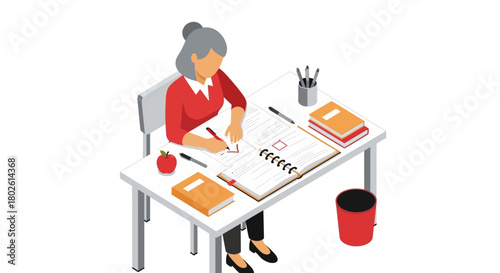 Isometric office scene: woman writing at desk with books and stationery