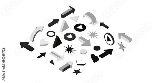 Geometric 3d arrows and shapes on white background
