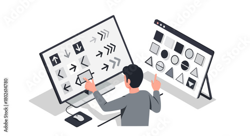 Designer selecting arrow and shape icons on interactive screens