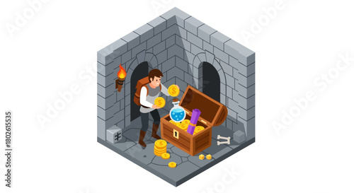 Isometric dungeon adventure with treasure chest, coins, and adventurer scene