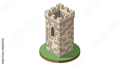 Medieval tower with bricks and battlements in isometric view on circular base