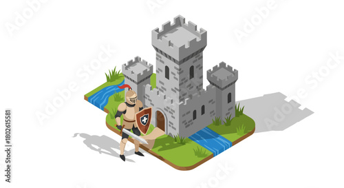 Medieval knight guarding fortress in isometric design with river and landscape