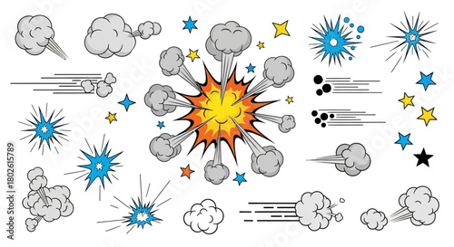 Dynamic comic style explosion and smoke effects with stars and bursts