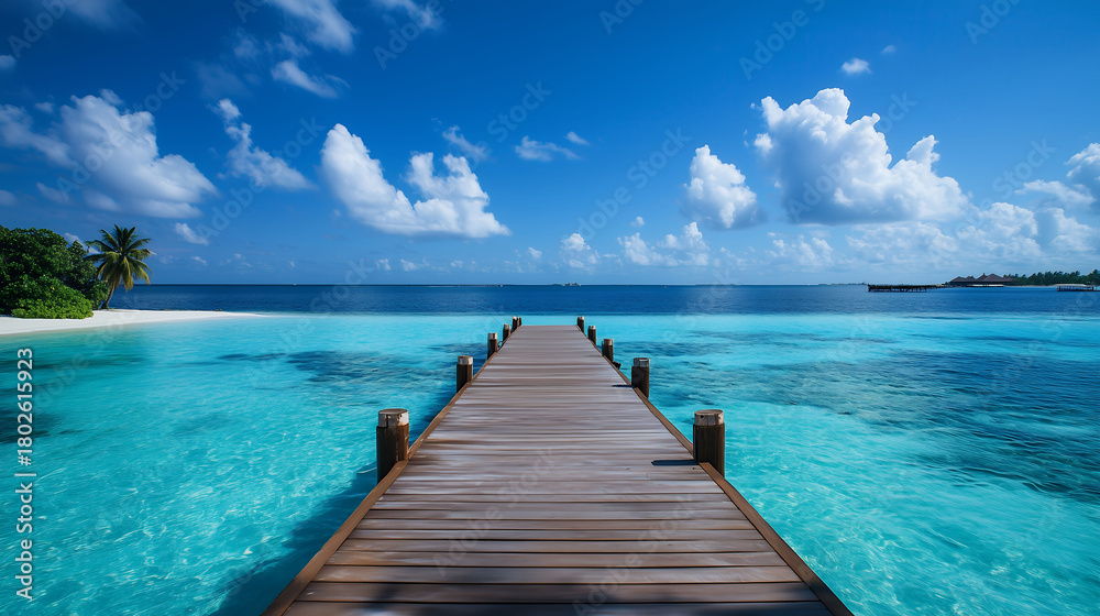Obraz premium Wooden Pier on Turquoise Water Leading to Tropical Island Paradise